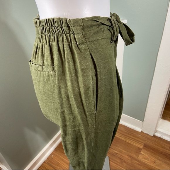 Forever 21 army green Linen blend Tie-Waist Cropped Pants tapered paper bag S - Picture 4 of 12